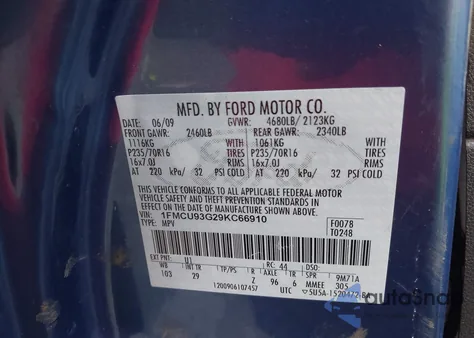 2009 Ford Escape Xlt z USA, uszkodzony, nr VIN 1FMCU93G29KC66910